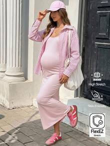 Lyckli Umstandskleid Einfarbig mit Spaghettiträgern und gestreiftes einreihiges Langarmhemd, 2 Stücke Set - Pink - Übersicht 1