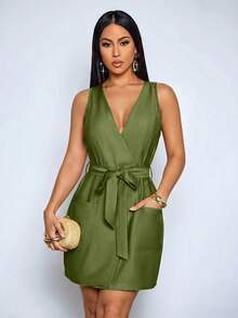 SOLERSUN Elegant And Casual V-Neck, Fitted Waist, Belted Short Dress For Women, Suitable For Everyday Commuting And Casual Wear, Beach Vacations, Mother's Day Short Dress, Yellow Dress. - Army Green - View 4