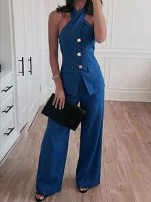 Lumalex New Business Casual Smart Casual Retro Elegant OL Blue Halter Metal Buckle Decor Top Paired With Loose Wide Leg Pants Women 2 Pieces Set French Brunch - Blue - View 8