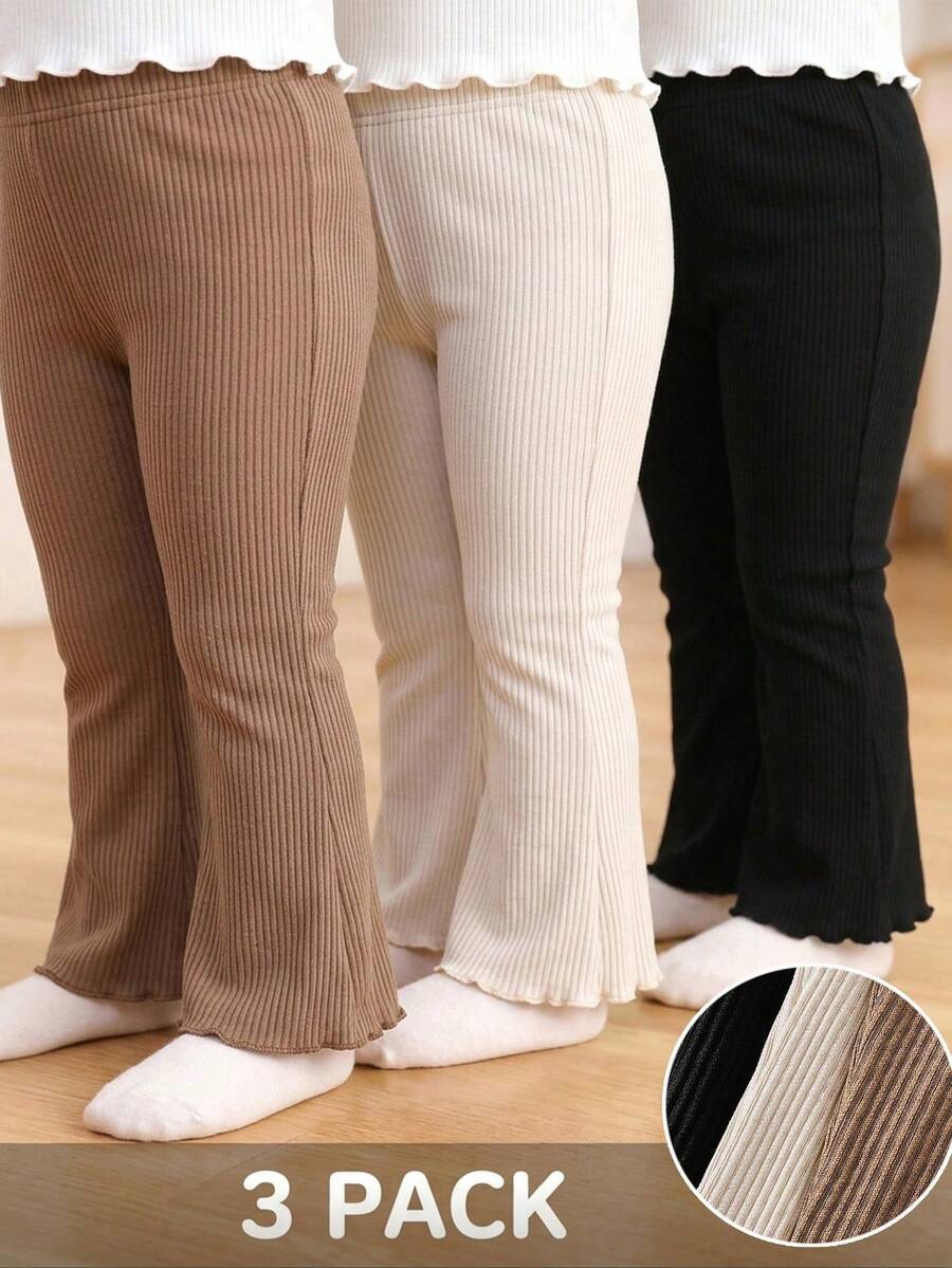 SHEIN Genkimix Kids 少女休閒基礎款黑色、米色與棕色3件組高腰喇叭褲,高腰設計展現時尚感,喇叭褲腿設計增添設計元素,多色可選提供更多搭配選擇,適合日常穿著 - 彩色 - 查看 1