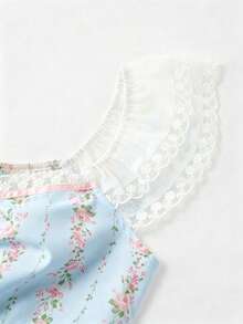 SHEIN PETITE 復古甜美風碎花蕾絲飾邊修身女式襯衫 - 藍色 - 查看 3
