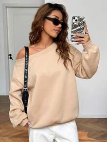 SHEIN EZwear 女款寬鬆不對稱肩領衛衣，內層保暖內裡，淺灰色，秋冬款 - 卡其色 - 查看 4