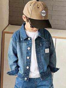 SHEIN 小男孩牛仔夾克，柔軟水洗淺藍條紋街頭時尚上衣外套，適合街拍、開學季、派對 - 藍色 - 查看 11