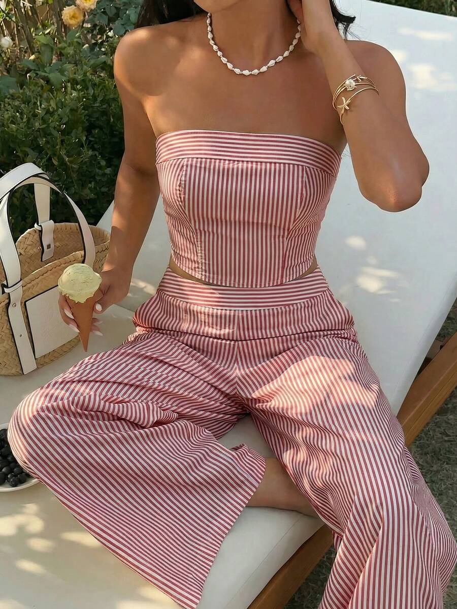 SHEIN SunnyBelle 女士黄色条纹抹胸上衣和高腰裤套装,修身、时尚、百搭、街头风、度假、春夏 - 紅色 - 查看 1