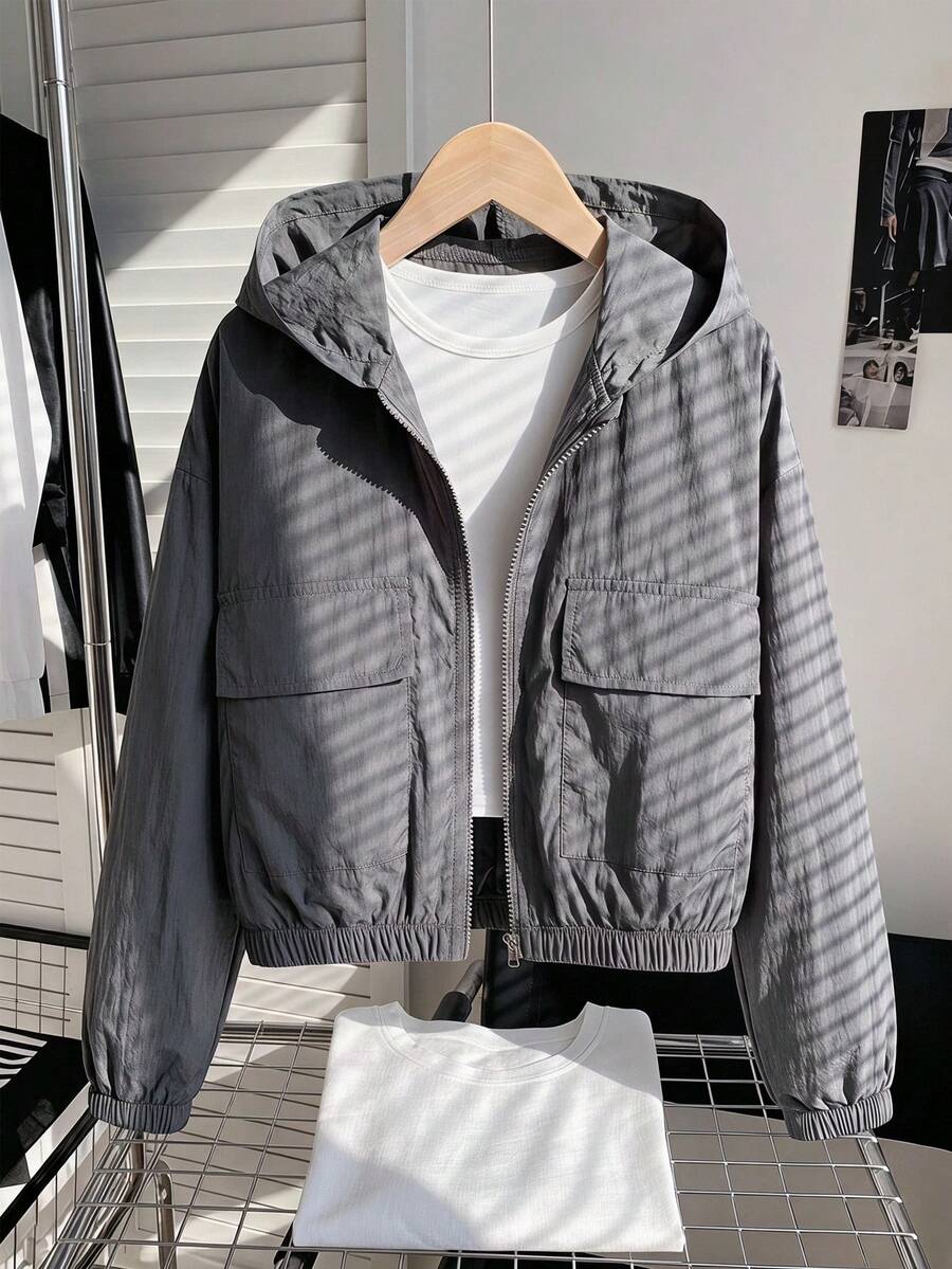 SHEIN 青少年女孩休閒返校灰色素色拉鍊連帽外套，附口袋與收緊下擺 - 灰色 - 查看 1