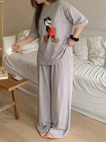 Dazy Plus 2pcs Cute Animal Pattern Loose Long Sleeve Straight Leg Solid Color Long Pajama Pants Set - Grey - View 3
