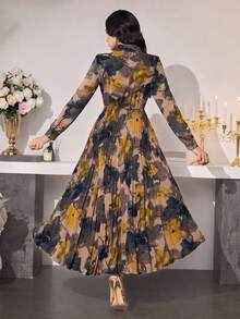 Modelyn Women's Tie Neck Pleated Dress With Ombre Flower Print Maxi Women Outfit Long Evening Dresses Fall Cloth For Women - Multicolor - View 3