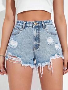 SHEIN EZwear 女款休閒日常牛仔短褲，附口袋、鈕扣，做舊磨損與毛邊下擺設計 - 淺色水洗藍 - 查看 6