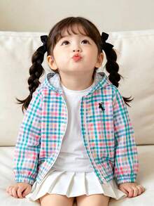 SHEIN Elladie kids 女童清新彩色小格紋連帽拉鍊夾克，時尚馬術圖標，適合兒童日常休閒運動戶外可愛穿搭 - 藍色 - 查看 5
