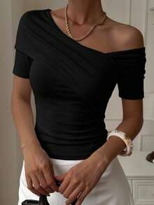 DAZY Women's Elegant Solid Color Asymmetric Collar T-Shirt, Summer - Black - View 9