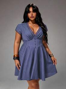 Rustia Summer Women Outfit Spring Vacation Elegant Sexy New French Sweet Cute Hollow Texture Fabric Contrast Lace Trim Puff Short Sleeve V-Neck Dress - Navy Blue - View 8