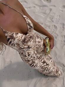 Aloruh Women's Vacation Beach Vacation Animal Print Backless Halter Dress Beige Summer Sexy Tropical - Beige - View 2