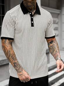 Manfinity CasualCool 男士夏季街頭休閒條紋拼接滾邊 Polo 衫 - 黑與白 - 查看 5