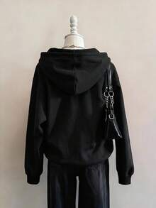 SHEIN EZwear 休閒極簡個性圖案黑色印花連帽長袖寬鬆加厚女款衛衣，秋冬款 - 黑色 - 查看 2