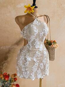 Soleia Plus Size Women's 3D Ring Decor Sequin Halter Tie Dress - Apricot - View 1