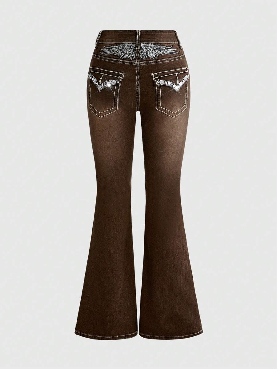 ROMWE Goth Jeans acampanados con bordado de alas de strass - Marrón - Ver 1