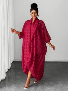 Maweii 大尺碼女款春夏白色鏤空扭結格紋中袖寬鬆休閒度假洋裝 秋季 - 紅色 - 查看 1