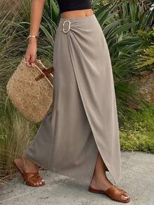 DAZY Women's Solid Color Metal Decor Elegant Office Skirt Summer - Khaki - View 8