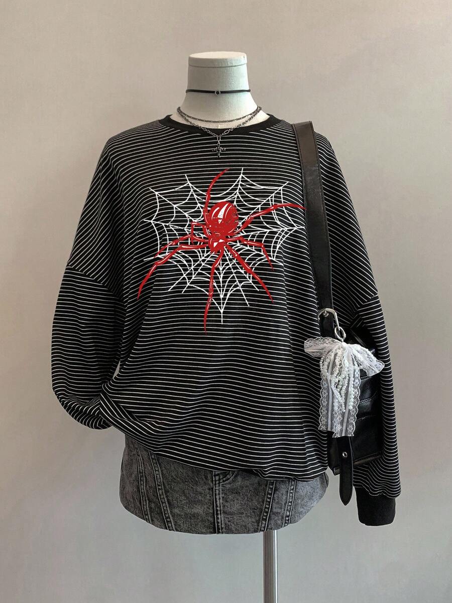 SHEIN EZwear 秋季新款電影熱門蜘蛛印花極簡黑白條紋落肩寬鬆女款衛衣,秋季上衣,適合日常通勤、派對、秋冬/夏季、聖誕節、新年、感恩節、派對、婚禮、海灘、畢業典禮、優雅、外出、約會、通勤、情人節、優雅、度假、Y2K、畢業 - 彩色 - 查看 1