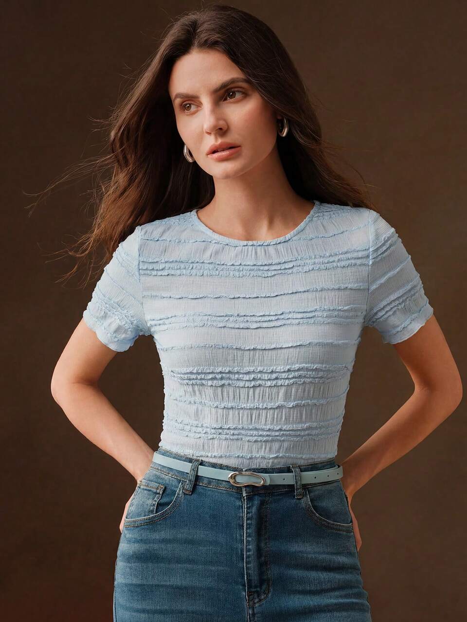 Elegant Versatile Casual Commute Date Pleated Frill Trim Round Neck Women's Short Sleeve Blouse
