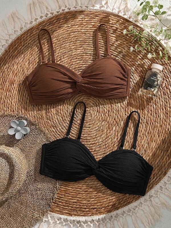 SHEIN Women's Ruched Knot Decor Bandeau Textured Fabric Multi-Color Swimwear Top Brown Black 2-Piece/Multi-Piece Set