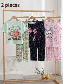 SHEIN 少女卡通印花短袖上衣與長褲睡衣套裝 - 綠色 - 查看 7