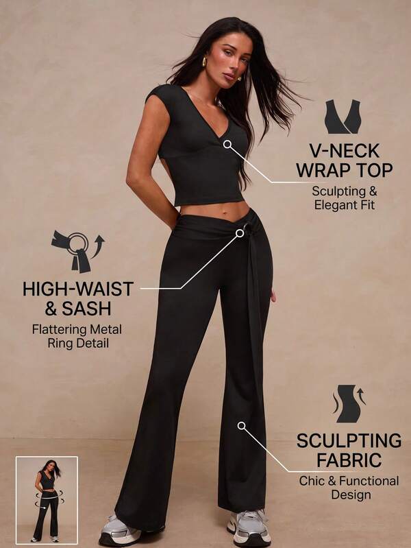 Glamine New Deep V-Neck Short Sleeve Backless Tie-Up Elastic Waist Flare Leggings 2-Piece Set, Running Yoga Workout Outfit, Casual Sexy Two Pieces Set