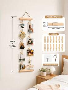 18Pcs Wall Mounted Photo Display Hanging Set Including 1 Rack 15 Clips 1 Self Adhesive Hook 1 Metal Hook Natural Wood Clips Jute Rope Minimalist Scandinavian Style No Drill Space Saving For Bedroom Dorm Studio Entryway Desk Party Decor - multicolor - View 2