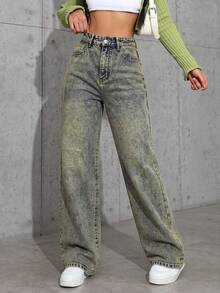 SHEIN EZwear 女款高腰口袋直筒寬鬆休閒牛仔褲 - 黃色 - 查看 7