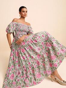 LOTSLUV Women's Early Autumn Vacation & Commute Green And Magenta Peony Floral Print Off-Shoulder Puff Sleeve Cinched Waist Dress,Beach Dress,Elegant Dresses - Multicolor - View 1