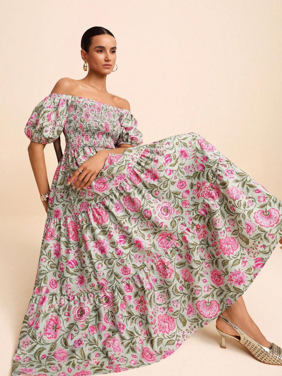 LOTSLUV Women's Early Autumn Vacation & Commute Green And Magenta Peony Floral Print Off-Shoulder Puff Sleeve Cinched Waist Dress,Beach Dress,Elegant Dresses - Multicolor - View 1