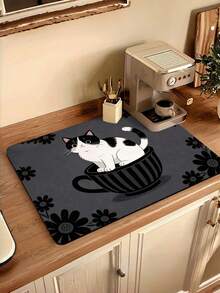 1PC Large Microfiber Rubber Base Super Absorbent Quick Drying Non Slip Easy Clean Waterproof Durable Cute Kitten In Cup Pattern Kitchen Countertop Dish Drying Mat Coffee Mat For Home Coffee Bar Sink Dining Table Kitchen Accessories Decor Gift - Multicolor - View 7