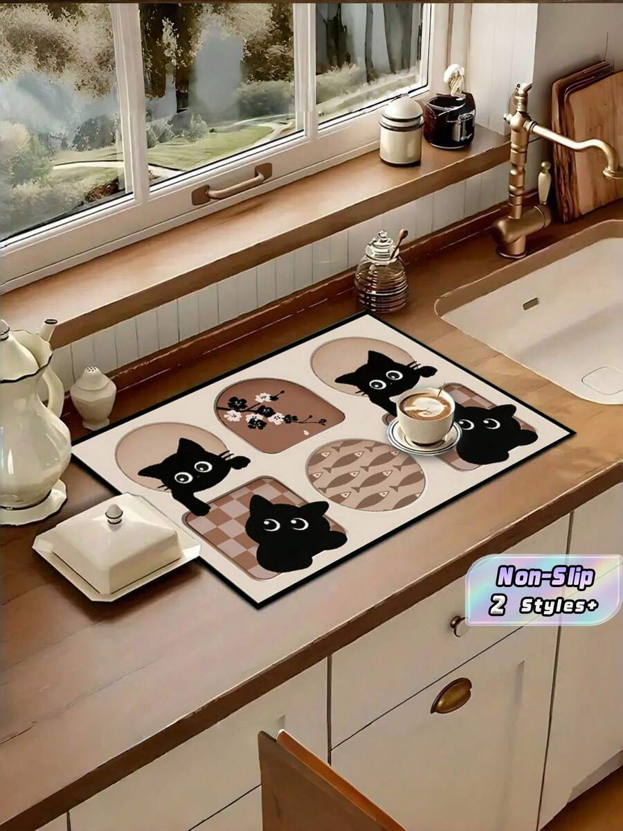 1 Buah Alas Pengering Peralatan Makan Silikon Motif Kucing Lucu, Besar, Menyerap, Anti Selip, Tahan Air, Tahan Panas, Mudah Dibersihkan, Pelindung Meja Dapur untuk Peralatan Makan, Mesin Kopi, Mesin Cuci, Aksesori Dekorasi Rumah, Alas Serbaguna - MultiWarna - View 1
