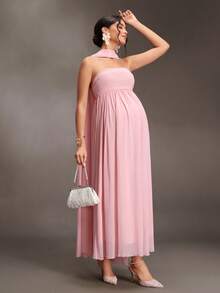 Cheriluna Maternity Elegant Maternity Cape-Style Cinched Waist Flared Regular Dress, Suitable For Family Gatherings, Parties, Birthday Banquets, Spring Festival And Other Occasions - Pink - View 4