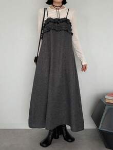 FRIFUL Women's Ruffle Strap Long Dress Vacation Brunch Dark Grey Summer French Elegant French - Grey - View 8