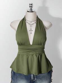 SHEIN ICON 大尺碼掛脖深V領收腰A字露背波點背心上衣，復古Y2K波點掛脖背心，娃娃裝波點掛脖露背上衣 - 軍綠色 - 查看 3