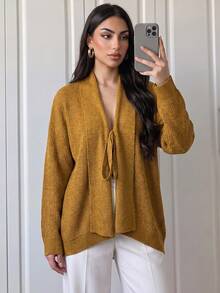 Duskaine Women's Autumn/Winter Casual Solid Color Tie-Front Cardigan - Yellow - View 3