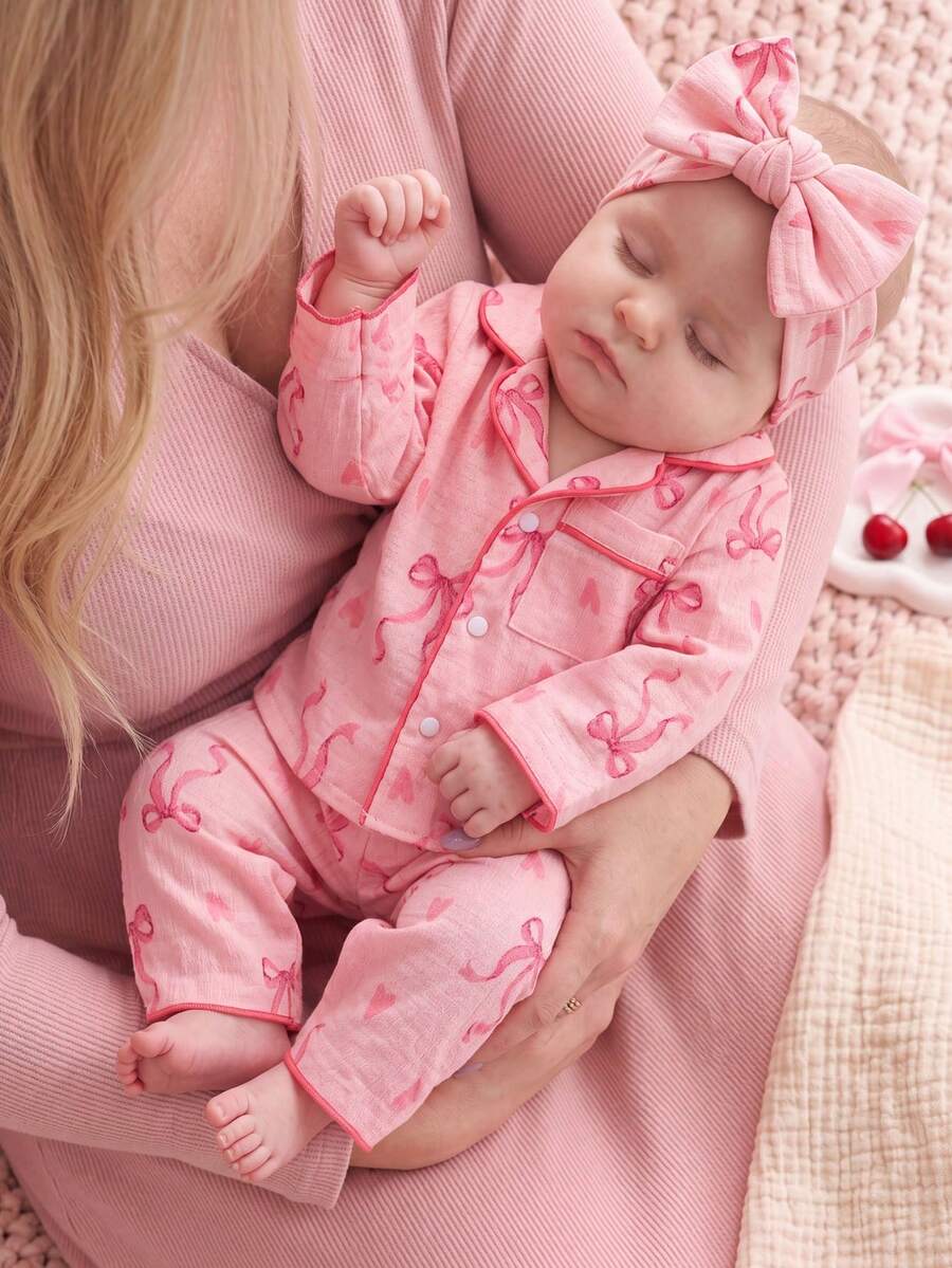 2 件套女婴樱桃印花长袖开衫和裤子家居服套装,梭织面料 - 淺粉色 - 查看 1
