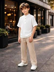 SHEIN Kids Tween Boy Solid Color Button Design Short Sleeve Shirt And Pants Casual Set - White - View 5