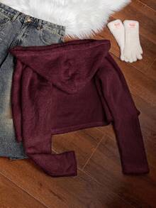 SHEIN EZwear 女款新款純色拉鍊時尚百搭連帽夾克 - 酒紅色 - 查看 2