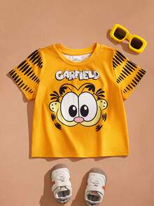 GARFIELD | SHEIN Young Boy Striped Contrast Color Round Neck Short Sleeve T-Shirt, - Yellow - View 1