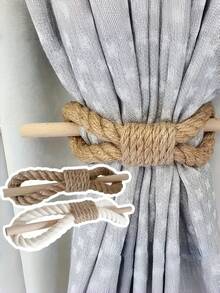 1PC Solid Wood Stick Thickened Hemp Rope Durable Sturdy Rustic Easy Curtain Tie Back Holder For Bedroom Living Room Window Curtain Decorative Home Office Dormitory Accessory Nonslip Adjustable Natural Brown Versatile Window - multicolor - View 2