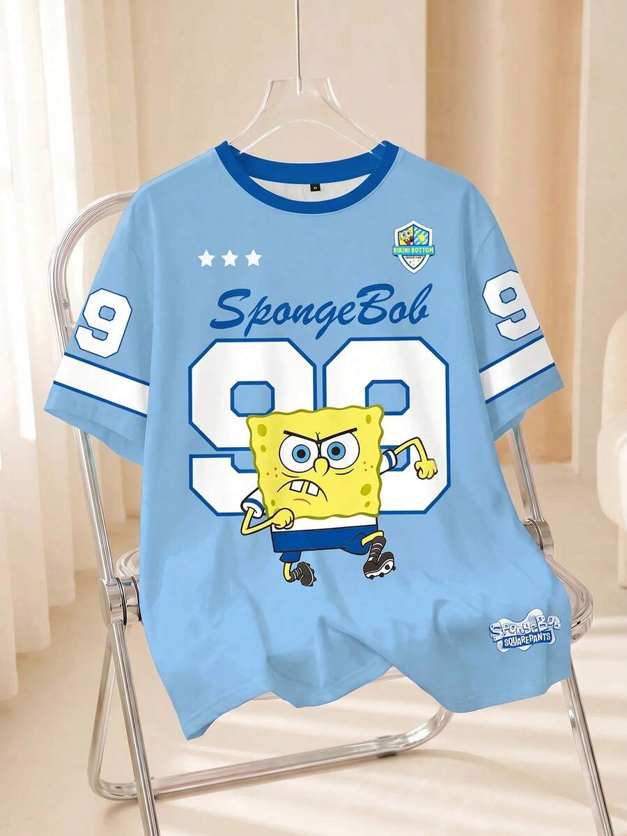 SpongeBob SquarePants | SHEIN 大码卡通印花圆领短袖T恤 - 白色 - 查看 1