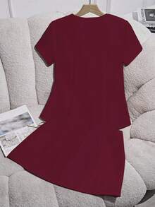 Franclia 2件套女士夏季休闲/办公室纯色短袖衬衫和裙子套装 - 酒紅色 - 查看 2