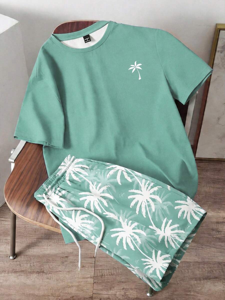 Daypath Men's Coconut Tree Print Short Sleeve T-Shirt And Shorts Casual Daily Outfit - Mint Green - View 1