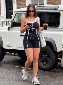 Gameset SHEIN Sport Women's Plus Size Colorblock One-Shoulder Sleeveless Athletic Romper - Multicolor - View 6