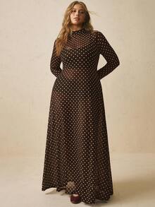 Freevana Plus Size Elegant Polka Dot Dress Fall - Brown - View 1