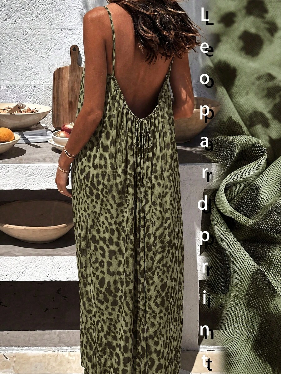SHEIN Swim 夏季新款豹紋網紗長款優雅波希米亞風性感休閒細肩帶罩衫洋裝，女款復活節度假鄉村假期海灘綠色 - 軍綠色 - 查看 1