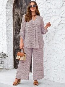 EMERY ROSE Plus Size Women's Autumn Plaid Print Long Sleeve Shirt And Pants 2 Pieces Set Fall - Multicolor - View 3