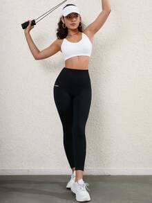 SHEIN Sports Leggings deportivos para mujer con cintura ancha sin costuras para yoga - Negro - Ver 3